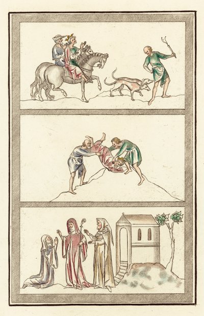 Cenelm, král Mercie, lov, vražda krále, abatyše, jeptišky a anachorita (barevná rytina) od English School