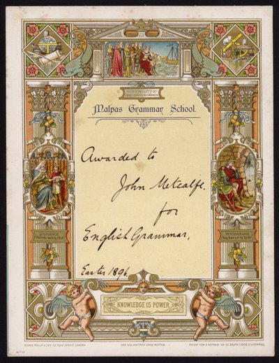Certifikát za anglickou gramatiku udělený žákovi Malpas Grammar School, Cheshire od English School