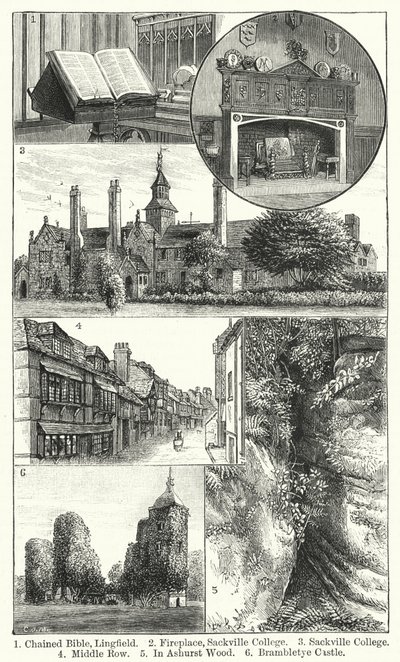 Spoutaná Bible, Lingfield; Krb, Sackville College; Sackville College; Střední řada; V Ashurst Wood; Hrad Brambletye (rytina) od English School
