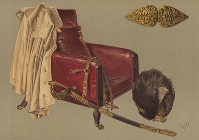 Židle a plášť polního maršála vévody z Wellingtonu s medvědí kůží a mečem granátnických gard (chromolitho) od English School