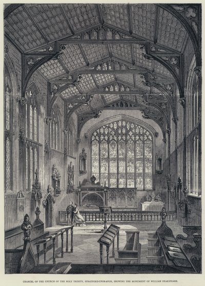 Kněžiště kostela Nejsvětější Trojice, Stratford-upon-Avon, zobrazující pomník Williama Shakspeara (rytina) od English School