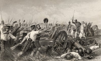 Charge of the Highlanders před Cawnpore pod vedením generála Havelocka, z „Historie indické vzpoury“, vydané v roce 1858 od English School
