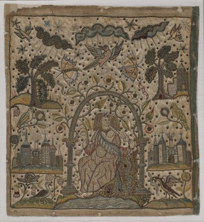 Charita pod obloukem, cca 1640 (hedvábí, kovové nitě a flitry na saténu) od English School