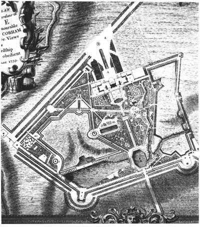 Plán Charlese Bridgemana (fl.1713-38) pro Stowe Gardens z knihy s pohledy na Stowe, kterou vydala paní Charles Bridgeman v roce 1739 (pozdější plán Williama Kentse viz 140583). od English School