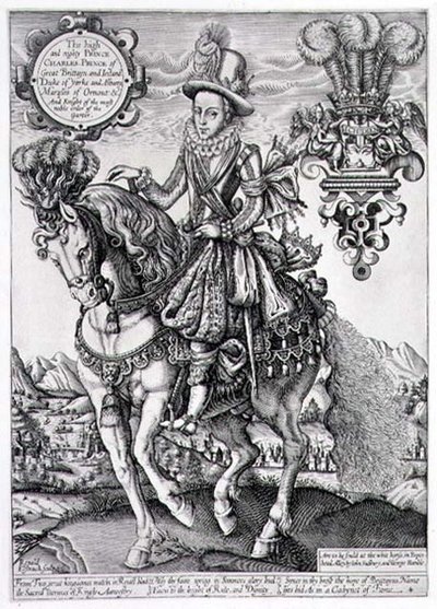 Karel I. jako princ z Walesu na koni, z „Knihy králů“, vyryl Renold Elstrack (1571-c.1630) 1618 (rytina) od English School
