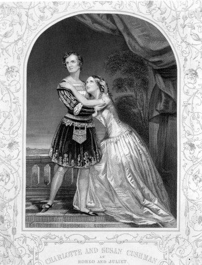 Charlotte a Susan Cushmanové jako Romeo a Julie, dějství III Scéna 5 Romea a Julie, z daguerrotypní hospody. od John Tallis & Co. od English School