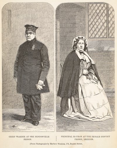 Vrchní dozorce ve věznici Pentonville a hlavní dozorkyně v ženské věznici v Brixtonu, ilustrace z knihy The Criminal Prisons of London and Scenes from Prison Life od Henryho Mayhewa a Johna od English School