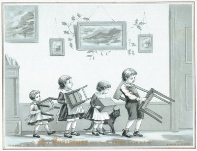 Děti nesoucí židli a stoličky, vánoční přání od English School