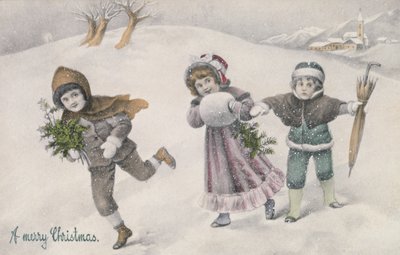 Děti na sněhu, viktoriánská pohlednice (print) od English School