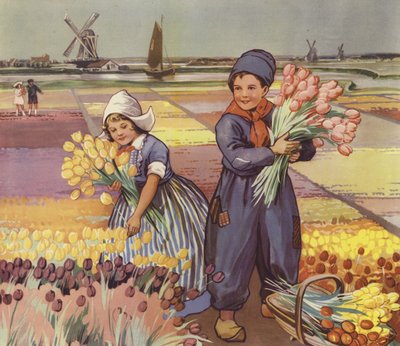 Děti sbírající tulipány v Holandsku (barevná litografie) od English School