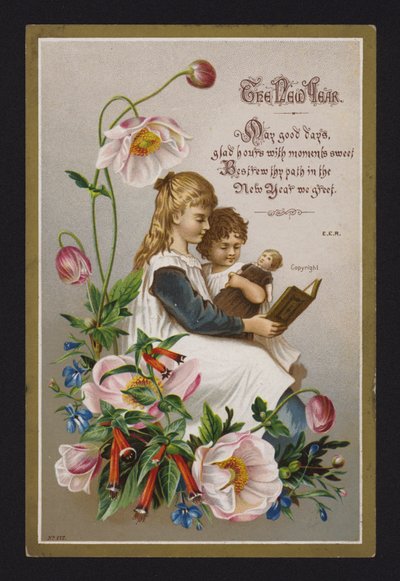 Děti čtou knihu, novoroční přání, konec 19. nebo začátek 20. století (chromolit) od English School