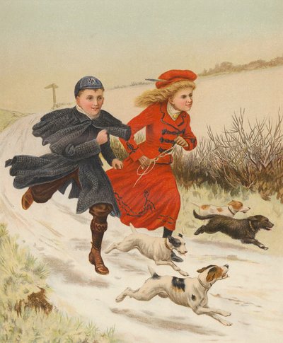 Děti běžící se psy po zasněžené silnici (chromolit) od English School