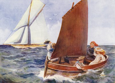 Děti se plaví a sledují projíždějící jachtu (barva litho) od English School