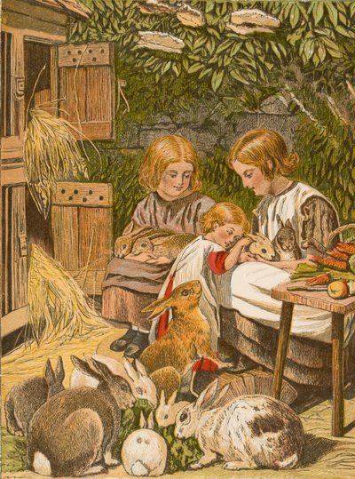 Děti se svými domácími králíky (barevná litografie) od English School