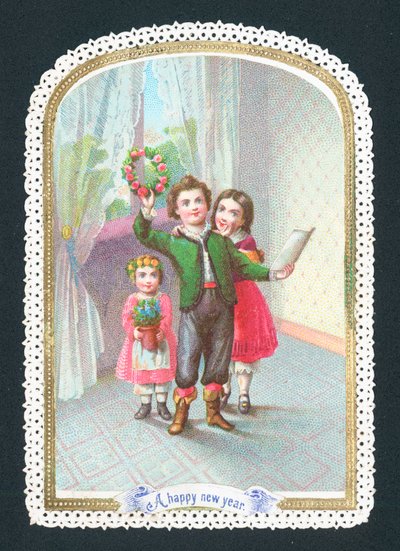 Děti s věncem a květinami, novoroční přání od English School