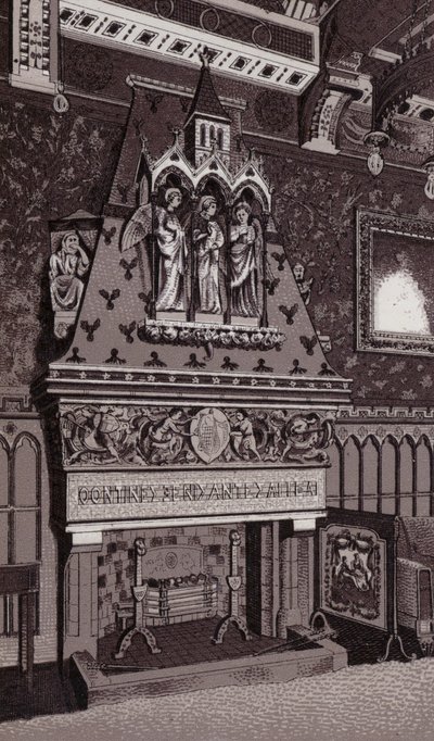 Komínový kus, zámek Cardiff (litho) od English School