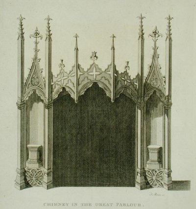 Komín ve velkém salonu Strawberry Hill, vyrytý T. Morrisem, z „Description of Strawberry Hill“ od Horace Walpolea od English School