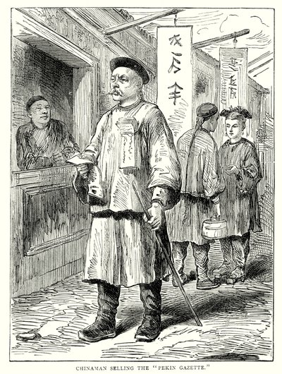 Číňan prodávající "Pekin Gazette" (rytina) od English School