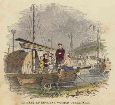 Chinese River-Scene, Child Overboard (barevná rytina) od English School