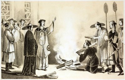 Čínský úředník předsedající pálení předmětů, možná knih od English School