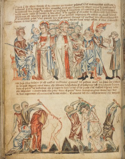 Kristus před Herodem a před Pilátem; Herodes si myje ruce; bičování Krista, Add. 47682, f.30v, c.1320-30 (vellum) od English School