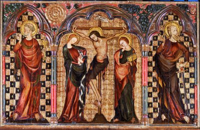 Kristus obklopený svatou Marií a svatým Janem Křtitelem, ze středu oltáře Ukřižování (tempera na dřevě) od English School