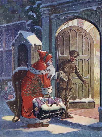 Vánoční reklama zobrazující Santa Clause přinášejícího dárky pro vojáky z 1. světové války z obchodního domu Dickins and Jones (barevné lito) od English School