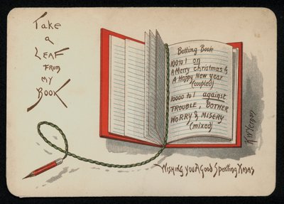 Vánoční a novoroční přání zobrazená v sázkové knize, blahopřání. (chromolitho) od English School
