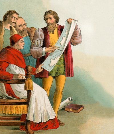 Kryštof Kolumbus ukazuje své plány Portugalcům, kteří ho zradili od English School