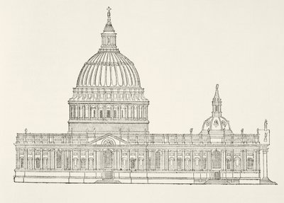 Christopher Wrens první návrh pro novou katedrálu St. Pauls po Velkém požáru Londýna, z Národní a domácí historie Anglie od Williama Hickmana Smith Aubrey (1858-1916) publikoval L od English School