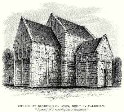 Kostel v Bradfordu nad Avonou, postavený Ealdhelmem (rytina) od English School