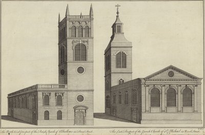 Church of Allhallows v Bread Street a Church of St Michael in Wood Street, Londýn od English School