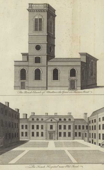 Church of Allhallows the Great, Thames Street a French Hospital poblíž Old Street, Londýn od English School