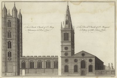 Kostel St Mary Aldermary v Bow Lane a kostel St Margaret Pattens v Little Tower Street v Londýně od English School