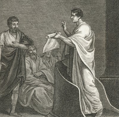 Cicero obviňuje Catilina v senátě (rytina) od English School
