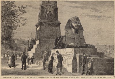 Kleopatřina jehla na nábřeží Temže se sfingami, které budou brzy umístěny na základně od English School
