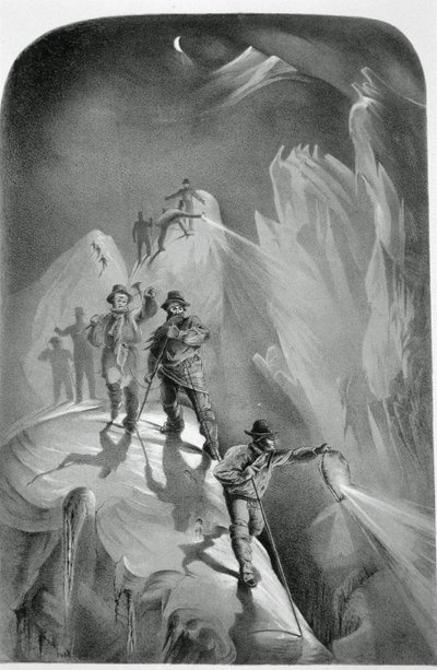Lezení v noci, z deseti scén v posledním výstupu na Mont Blanc včetně pěti pohledů z vrcholku, J.D.H. Browne, publikoval 1853 od English School