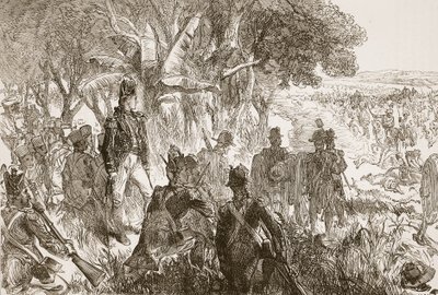 Clive at Plassey, ilustrace z Cassells Illustrated History of India od Jamese Granta, hospoda. 1879 od English School
