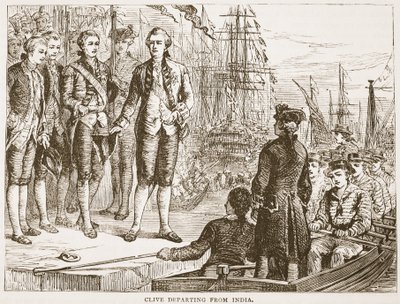 Clive odjíždějící z Indie, ilustrace z Cassells Illustrated History of India od Jamese Granta, hospoda. 1879 od English School