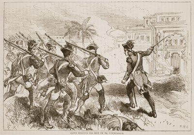 Clive vede své muže do Conjeevaram, ilustrace z Cassellových Ilustrovaných dějin Indie od Jamese Granta, hospoda. 1879 od English School