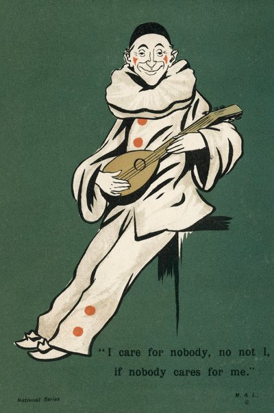 Klaun hrající na loutnu (barevná litografie) od English School