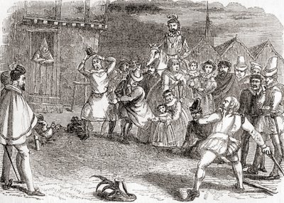 Házení kohoutem, neboli cock-shying nebo házení na kohouty, ze staré Anglie: , pub. 1847 od English School