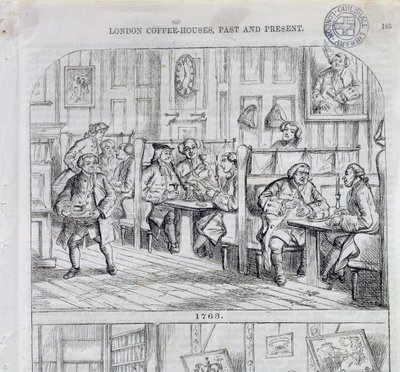 Coffee Room v roce 1763, z londýnských kaváren v minulosti a současnosti (barevná rytina) od English School