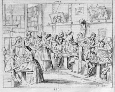 Coffee Room v roce 1863, z londýnských kaváren v minulosti a současnosti (barevná rytina) od English School