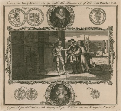 Mince ve vládě krále Jakuba I. s objevem Gunpowder Plot od English School