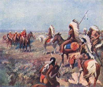 Plukovník Macleod z Královské severozápadní jízdní policie při jednání s indiány ve Fort Macleod (barevná litografie) od English School