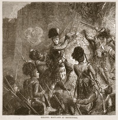 Plukovník Maitland v Bhurtpore, ilustrace z Cassells Illustrated History of India od Jamese Granta, hospoda. 1879 od English School