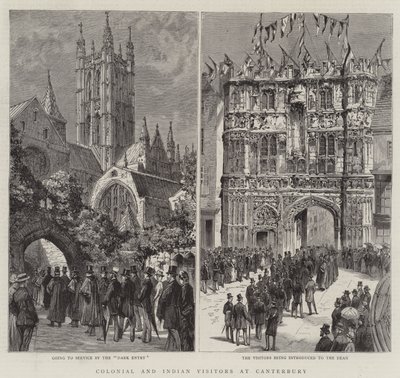Koloniální a indičtí návštěvníci v Canterbury (rytina) od English School