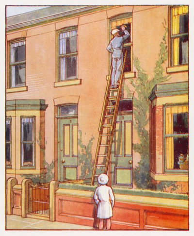Příkazy: Umyjte okna v patře (barevná litografie) od English School