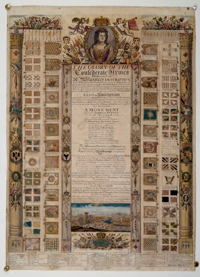 Pamětní tabulka zobrazující standardy zachycené od Francouzů po bitvě u Blenheimu, kolem roku 1704 (barevná rytina) od English School